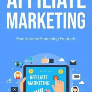 "Promotional graphic for affiliate marketing, highlighting income opportunities through product promotion with a tablet image and digital icons."