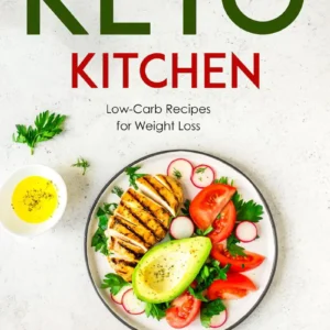 Grilled chicken with avocado, tomatoes, and radishes on a plate, alongside a bowl of olive oil, promoting low-carb recipes for weight loss.