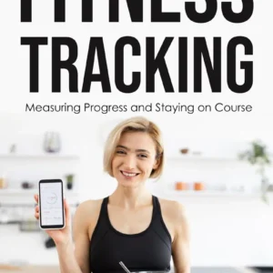 Smiling woman in a black workout outfit holds a smartphone displaying fitness data while showing a bowl of salad, emphasizing fitness tracking and healthy eating.