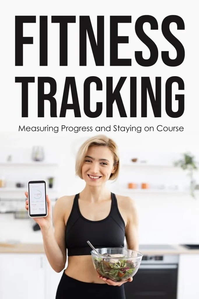 Smiling woman in a black workout outfit holds a smartphone displaying fitness data while showing a bowl of salad, emphasizing fitness tracking and healthy eating.