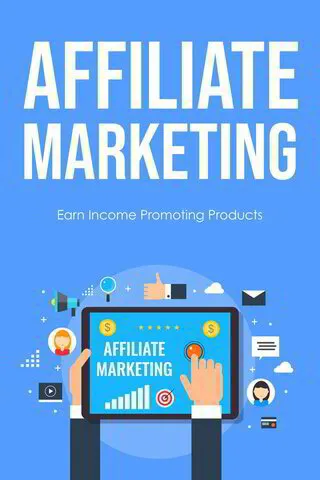 "Promotional graphic for affiliate marketing, highlighting income opportunities through product promotion with a tablet image and digital icons."