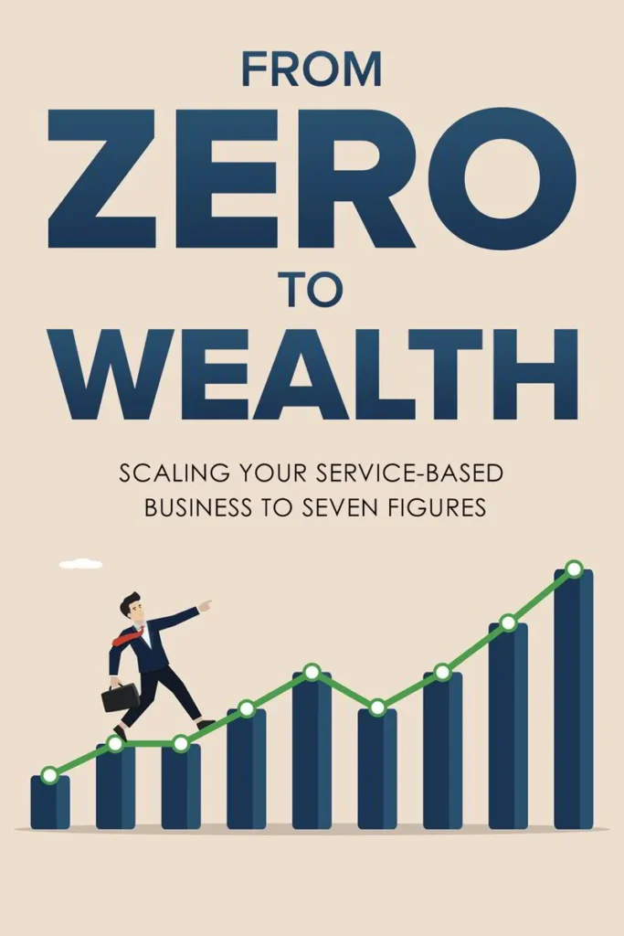 A businessman in a suit climbs a bar graph aiming toward wealth, symbolizing growth and success in service-based businesses.