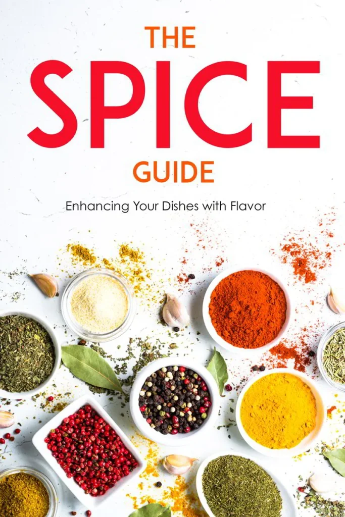 Colorful spices in bowls surrounded by scattered herbs and garlic, illustrating "The Spice Guide" and its purpose of enhancing culinary flavor.