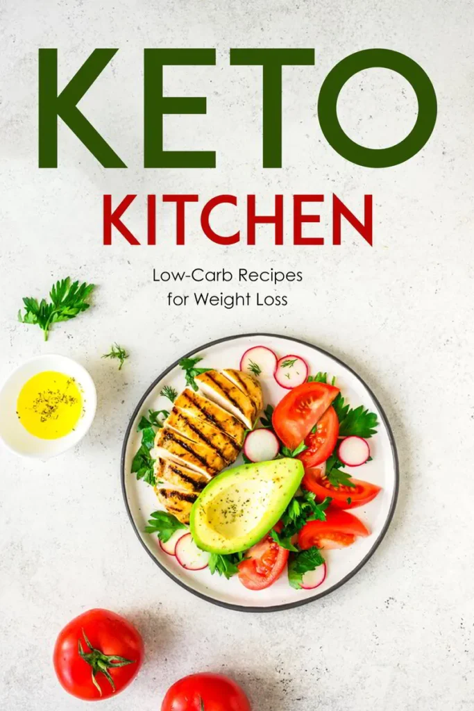 Grilled chicken with avocado, tomatoes, and radishes on a plate, alongside a bowl of olive oil, promoting low-carb recipes for weight loss.