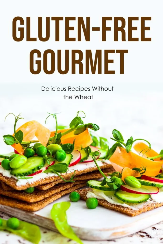 Colorful gluten-free snacks are beautifully arranged on a wooden platter, topped with fresh vegetables and herbs, emphasizing healthy, wheat-free eating.