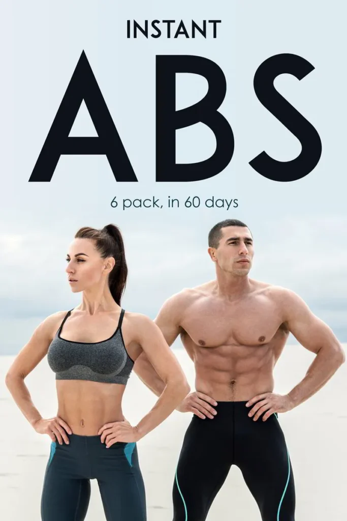 Fit man and woman stand confidently on a beach, promoting a 60-day program for achieving six-pack abs, emphasized by the bold text "Instant Abs."