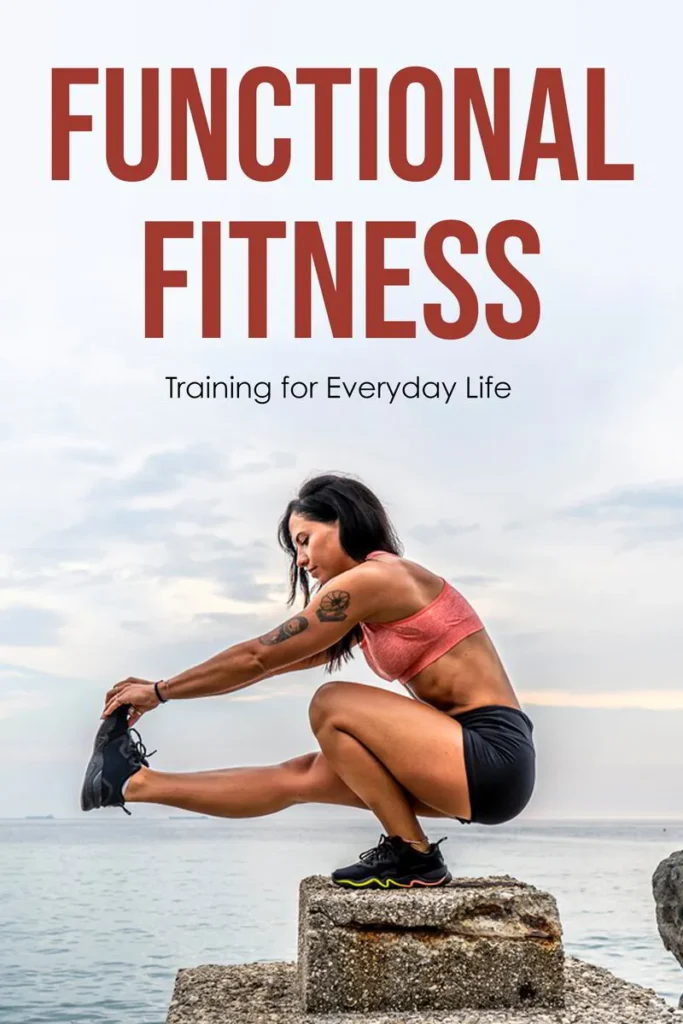 Woman in athletic wear demonstrating a functional fitness stretch on a stone by the water, emphasizing training for everyday life.
