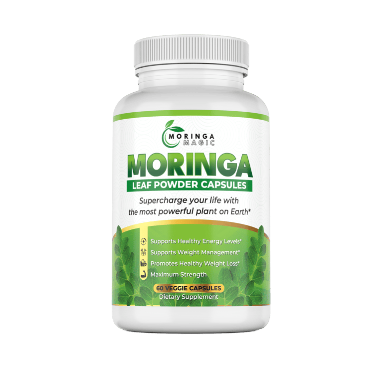 Moringa leaf powder capsules designed to enhance energy and support weight management. Contains 60 veggie capsules as a dietary supplement.