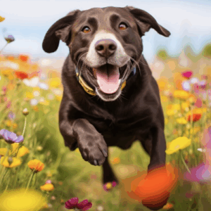 A joyful black dog runs through a colorful field of flowers, embodying happiness and playfulness in a vibrant outdoor setting.