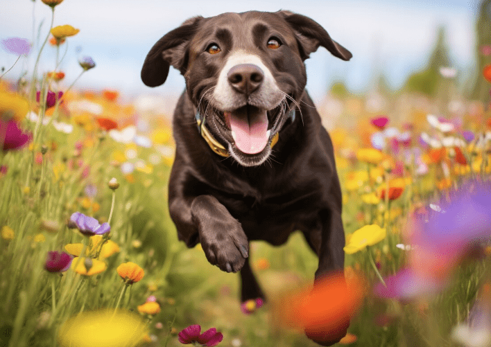 A joyful black dog runs through a colorful field of flowers, embodying happiness and playfulness in a vibrant outdoor setting.